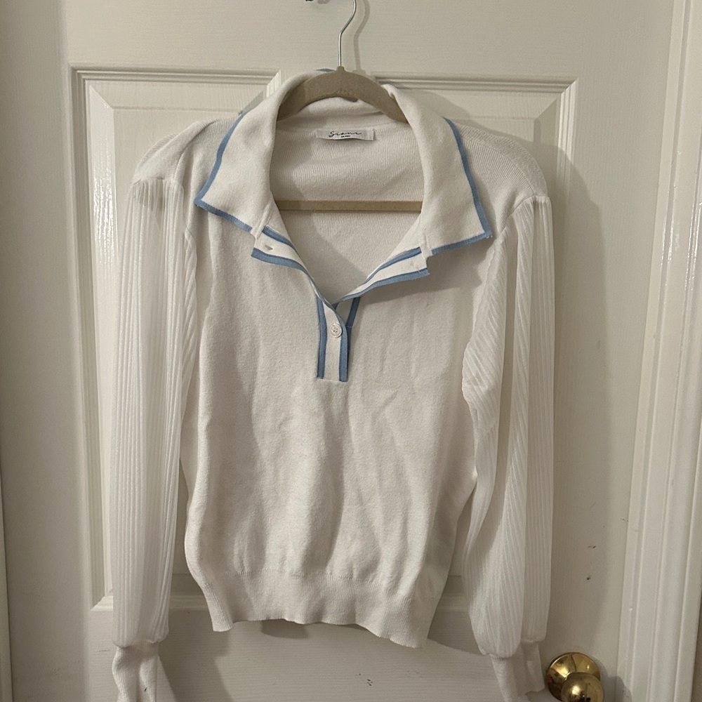 White sheer Long Sleeve Polo Shirt with Blue Trim